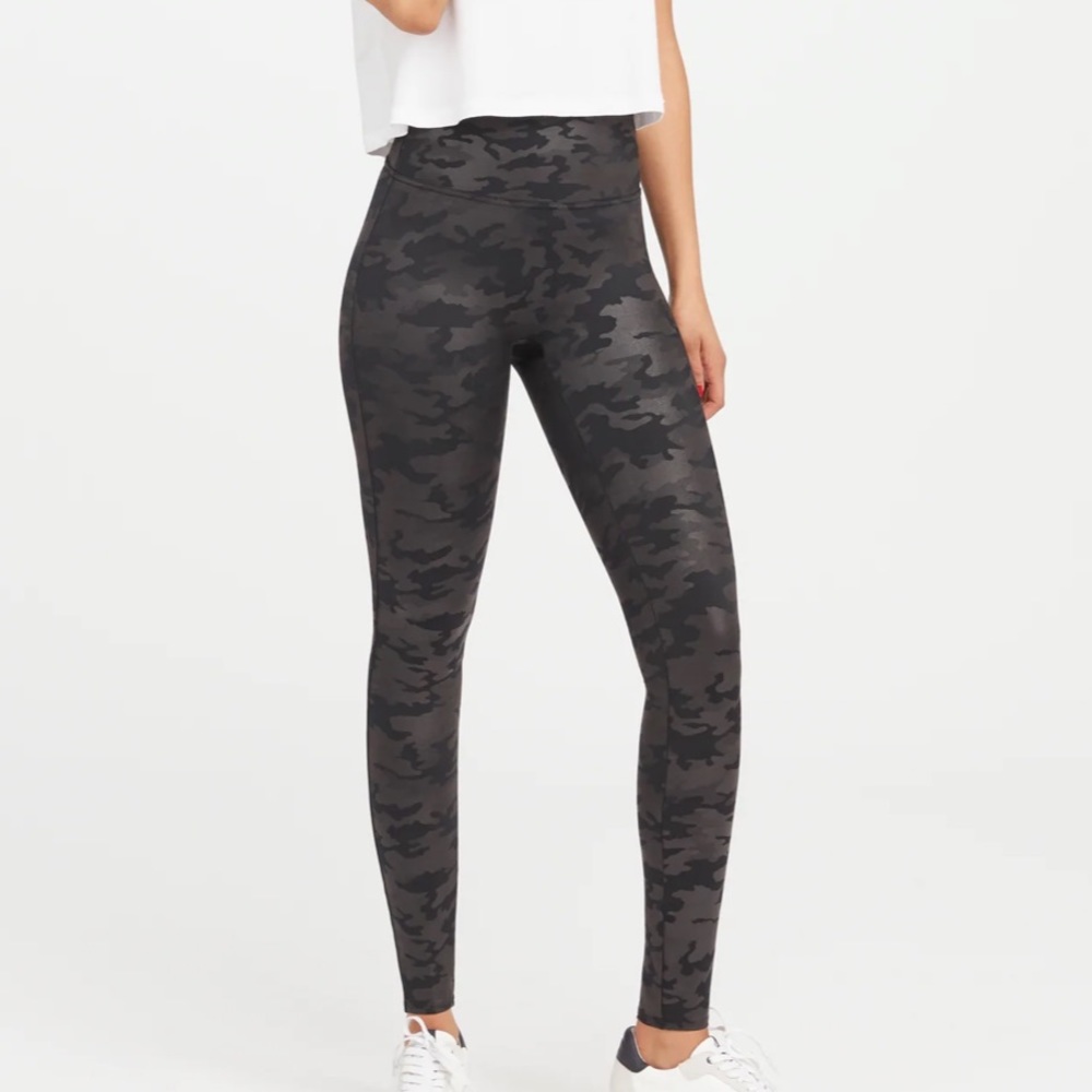 Spanx Faux Leather Matte Black Camo Leggings